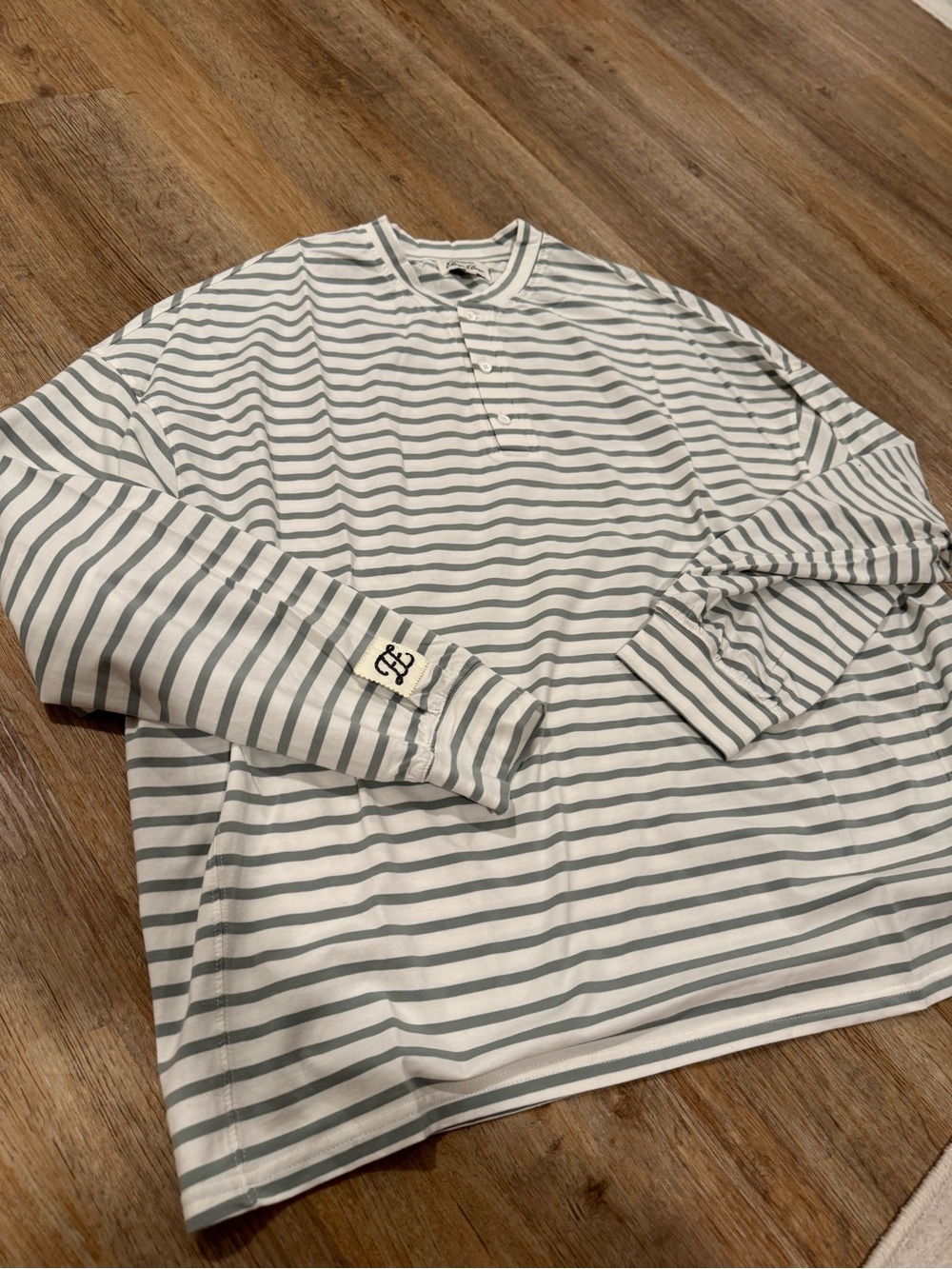 Eleven Eleven Long Sleeve Striped Henley Top - White & Light Gray